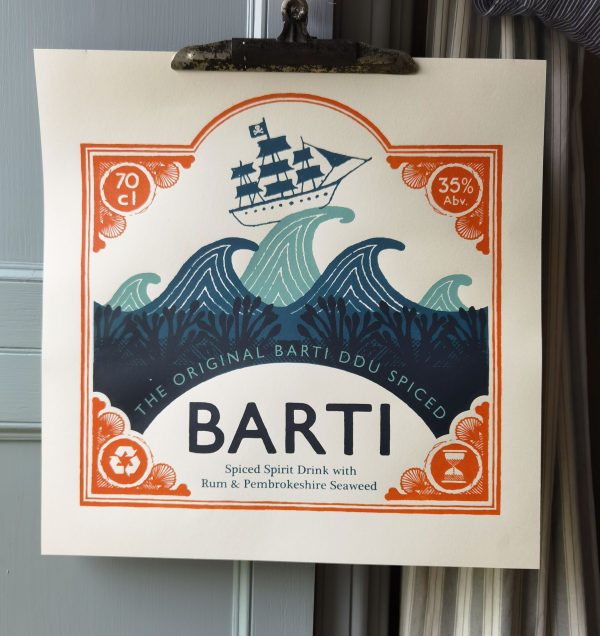 Screen print of Barti rum label by Tom Frost