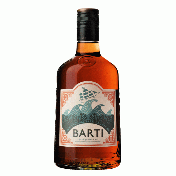 Barti spiced rum bottle on what background, label shows waves and a ship.